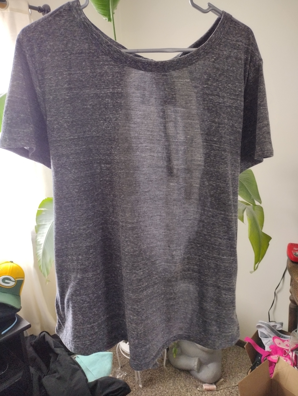 Poof! Women’s Short Sleeve Heathered Charcoal Gray Tee Open Back